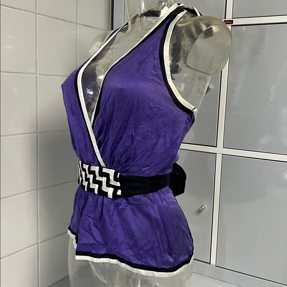 Bebe 2008 Silky Purple Peplum Deep Plunge Halter XS - Picture 10 of 16